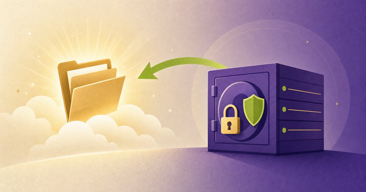 Microsoft 365 backups showing a SharePoint folder restored from a separate protected backup — a warm gold folder rising from a cloud, a purple archive vault with a lime shield and padlock, and a lime recovery arrow curving between them