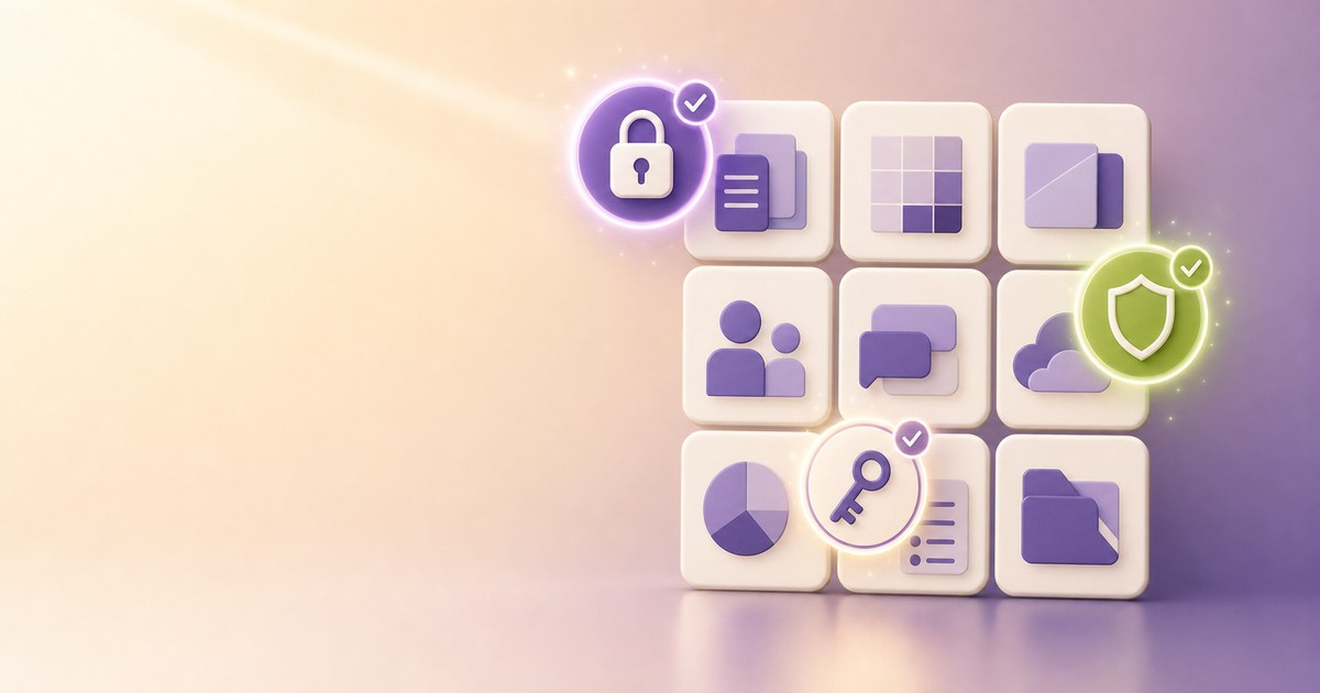A stylised Microsoft 365 app grid with three glowing protection badges — a padlock, a shield and a key — set on a warm cream and purple gradient