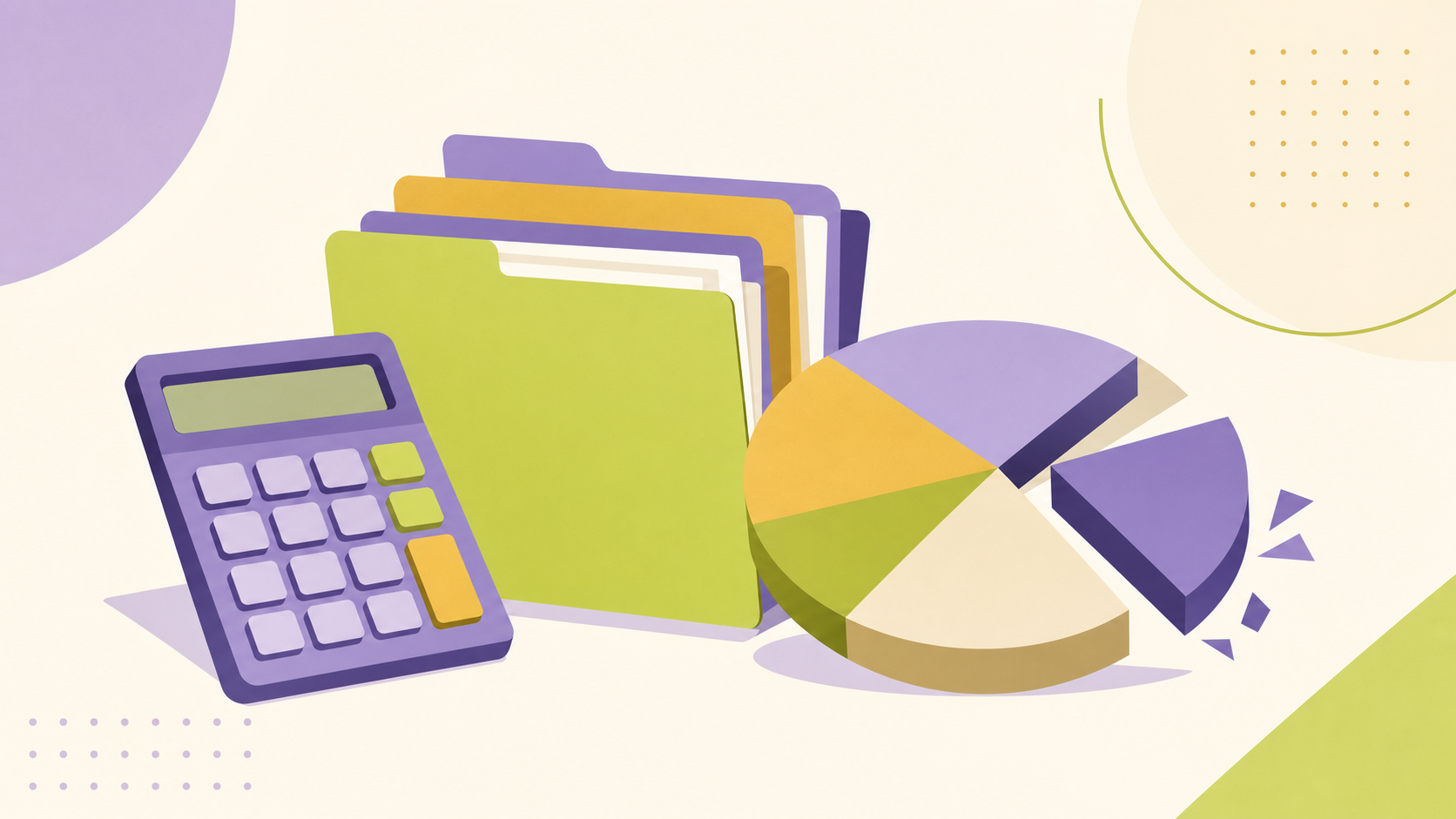 Editorial illustration of a calculator, stack of folders, and a pie chart with one slice broken off — representing common IT issues at accountancy practices.