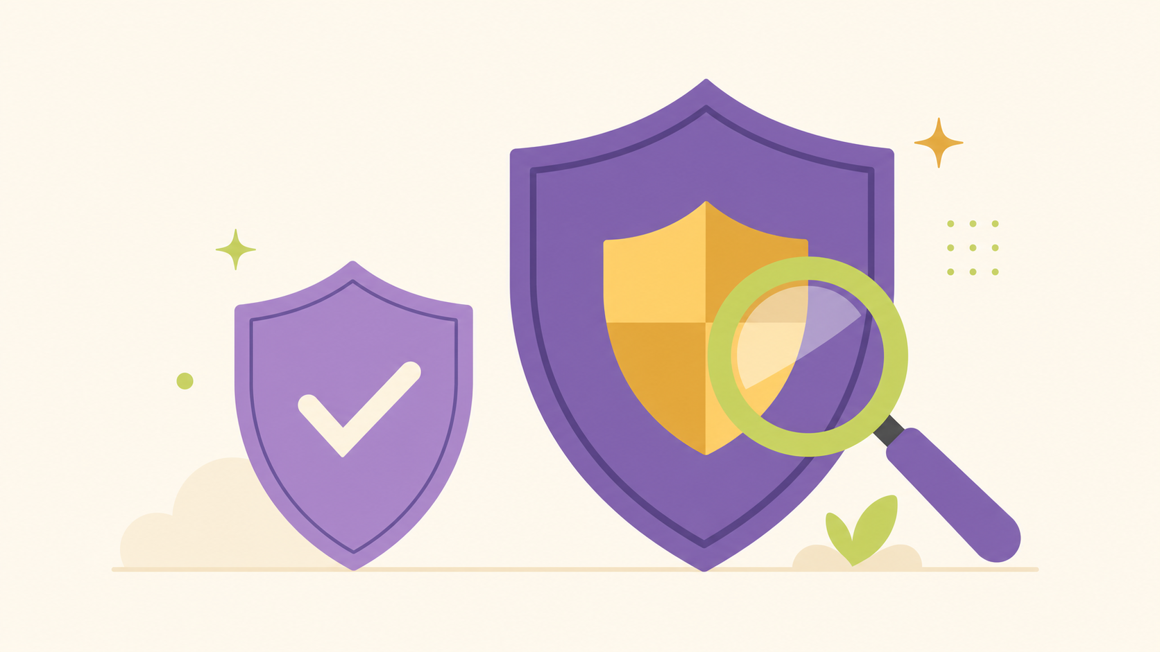 Editorial illustration of two purple shields side by side — a smaller one with a checkmark next to a larger one being inspected by a magnifying glass.