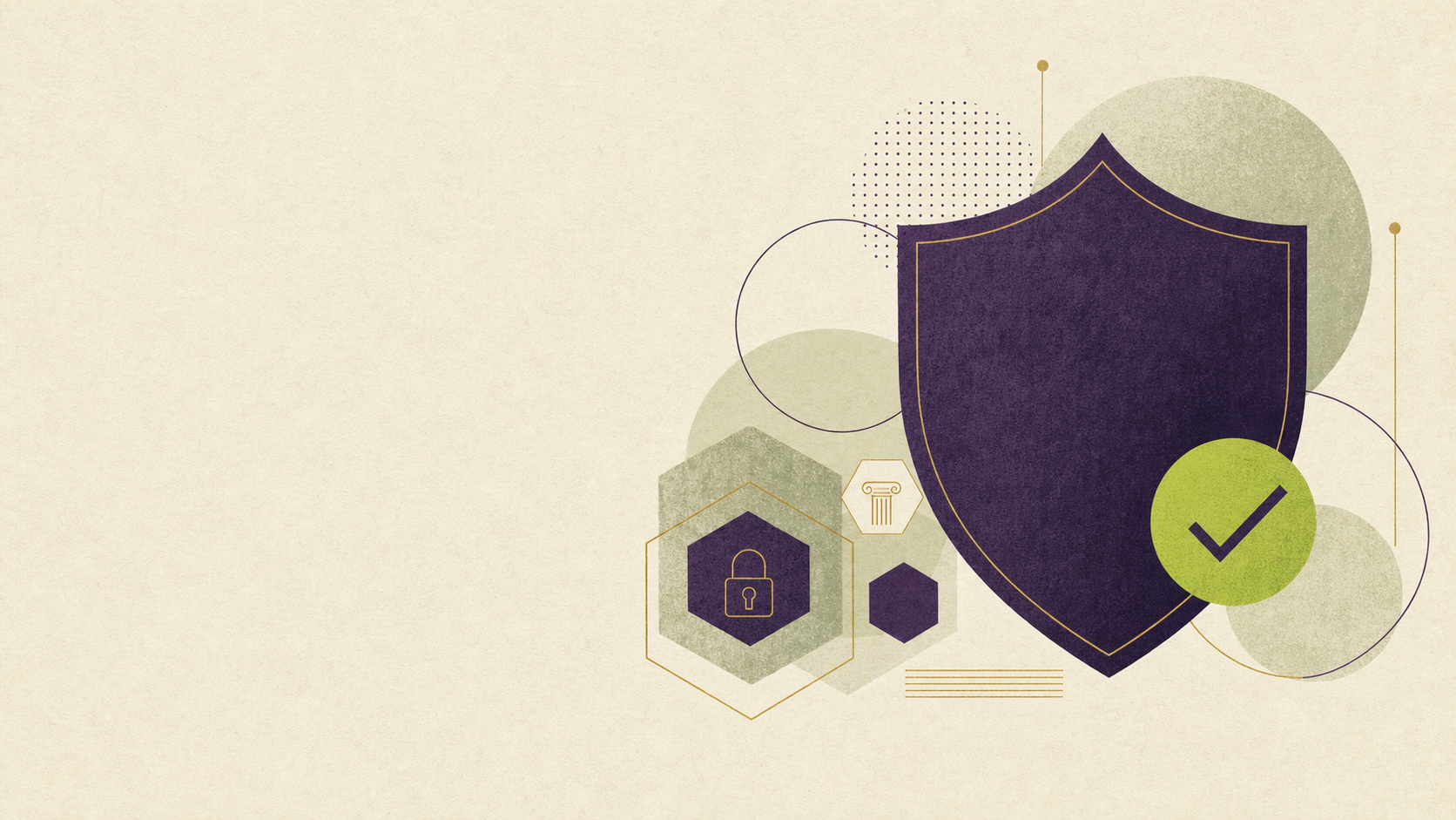 Editorial illustration of a large purple shield with a green checkmark, representing Cyber Essentials certification.