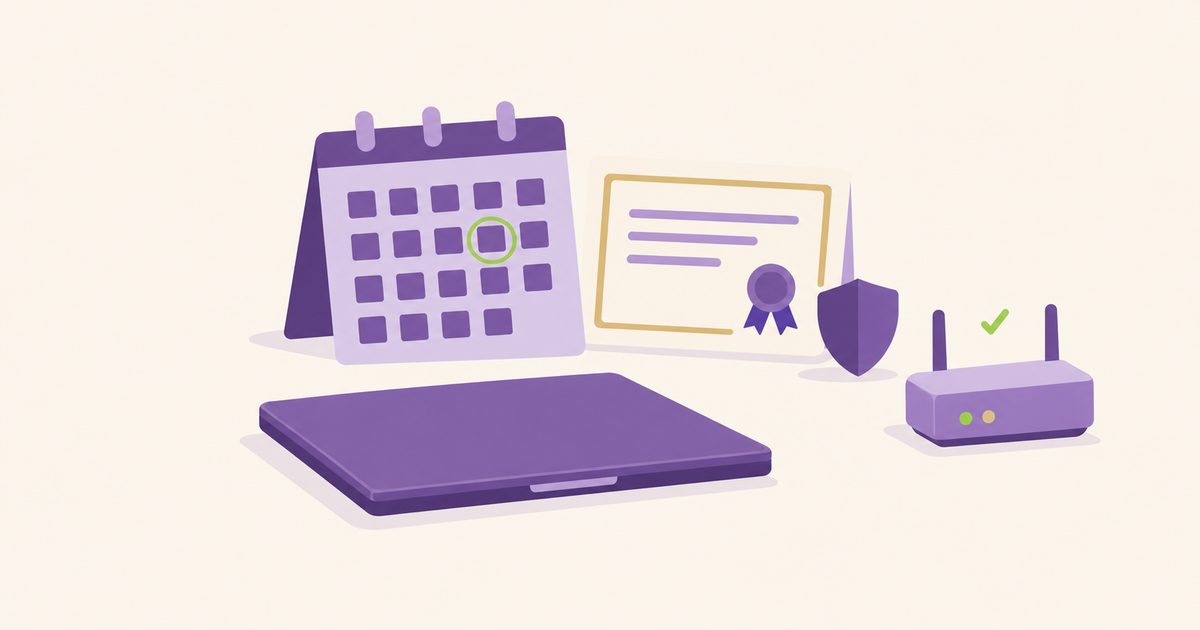Editorial illustration of a wall calendar with one date circled in green, a certificate with a seal, a shield, a closed laptop and a small router with a tick.