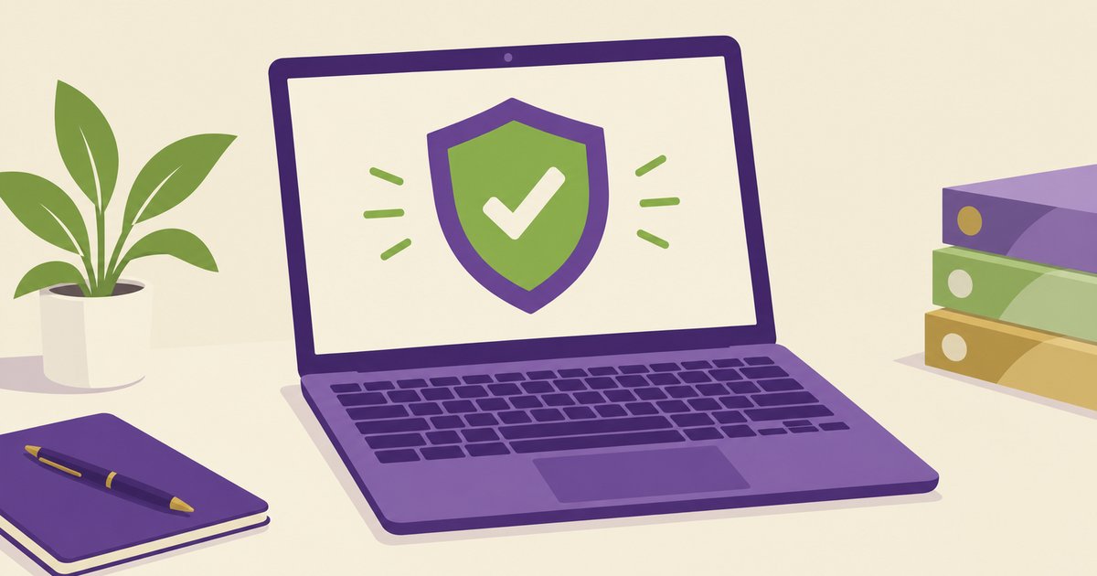 Editorial illustration of a laptop showing a shield with a tick, with a stack of software boxes pushed to the edge of the desk, suggesting a separate antivirus is no longer needed.