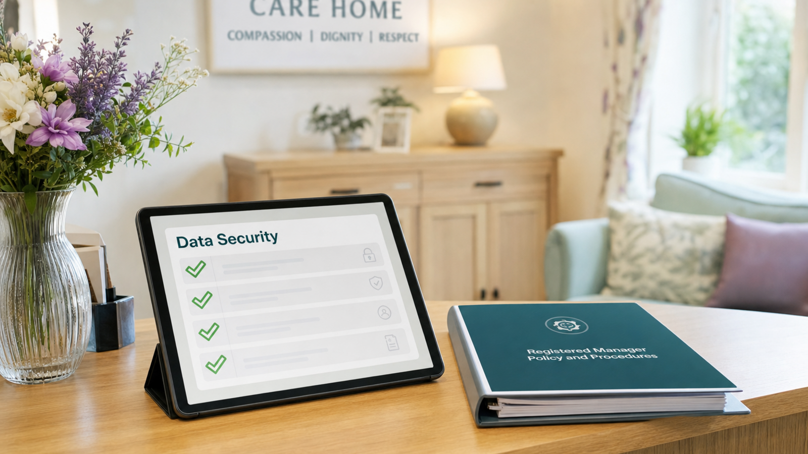 A tablet on a warm wooden care home reception desk shows a Data Security checklist with green ticks, beside a teal Registered Manager Policy and Procedures binder. Soft daylight, vase of flowers, calm professional setting.