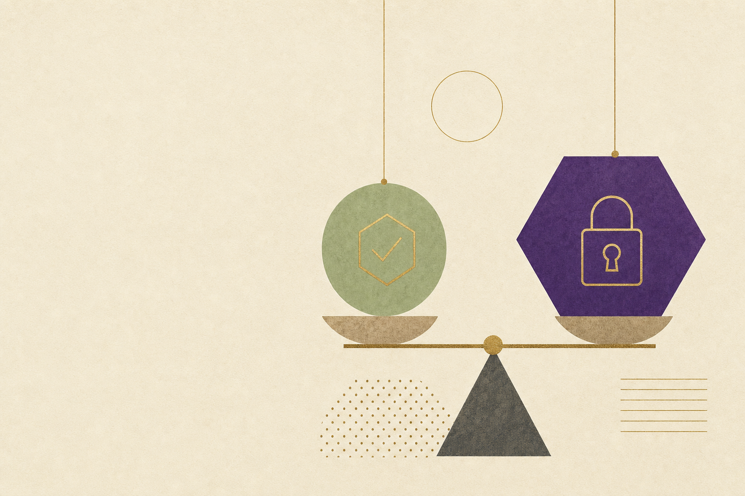 Editorial illustration of a balance-scale weighing a small olive-green Cyber Essentials-style checkmark against a larger purple ISO 27001-style padlock, sitting at equilibrium — the decision the article helps you make.