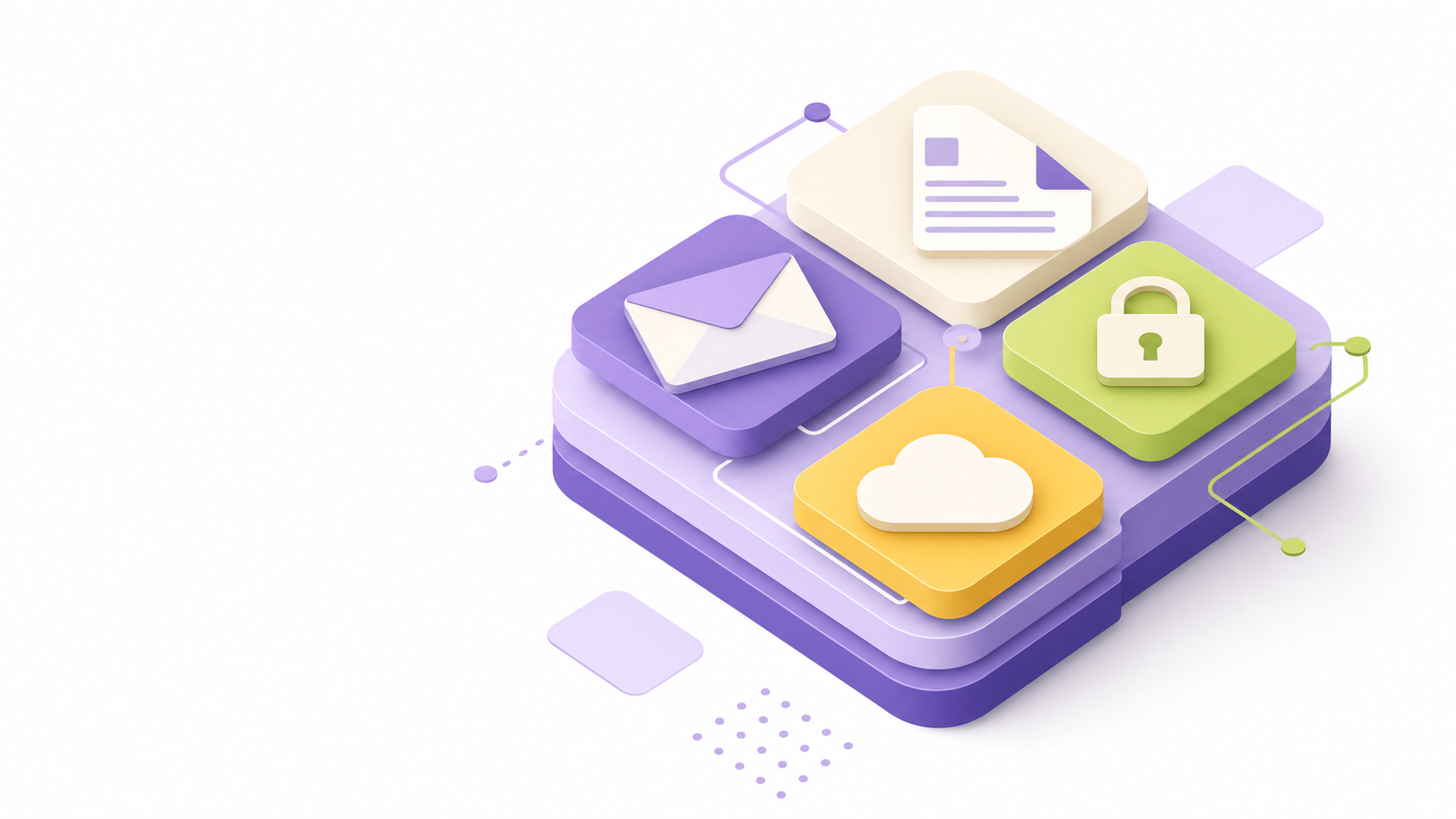 Editorial illustration of a layered platform with email, document, lock and cloud icons arranged together — representing the Microsoft 365 productivity and security stack.