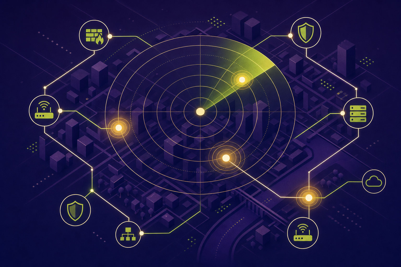 Editorial illustration of a network edge device — a firewall appliance — under a magnifying glass against a purple Manchester skyline, suggesting exposed internet-facing kit under scrutiny.