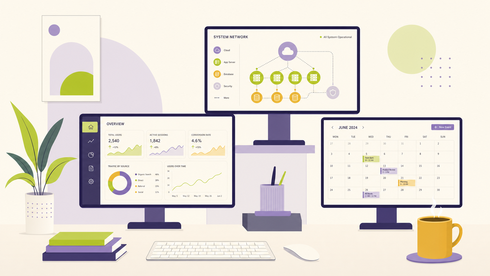 Editorial illustration of three monitors on a desk showing a dashboard, a network diagram, and a calendar — alongside a coffee mug and a small plant.