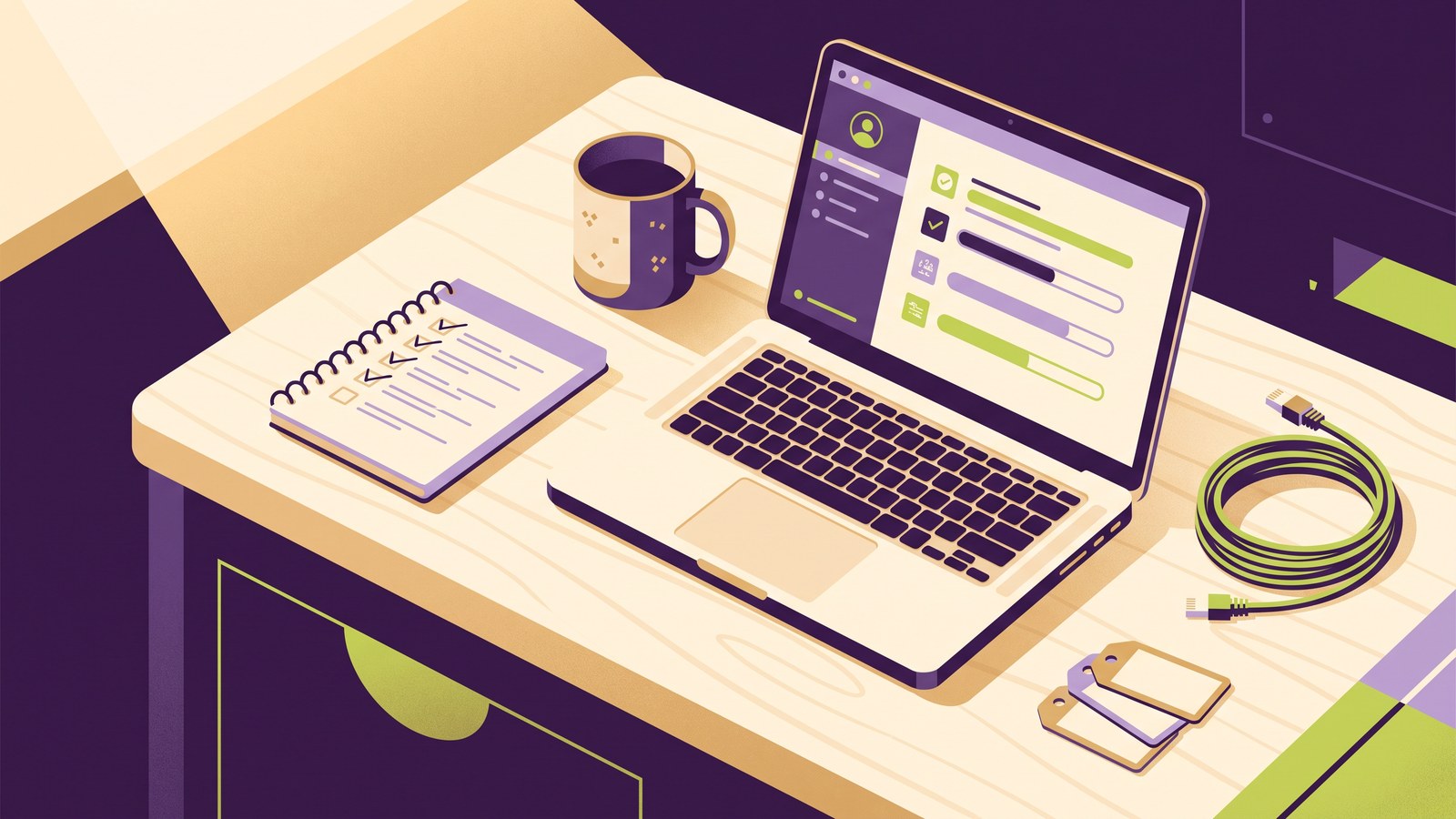 Editorial illustration of a junior technician's onboarding workspace: laptop with a clean checklist, notebook with hand-ticked items, coiled network cable and asset tags on a wooden desk.
