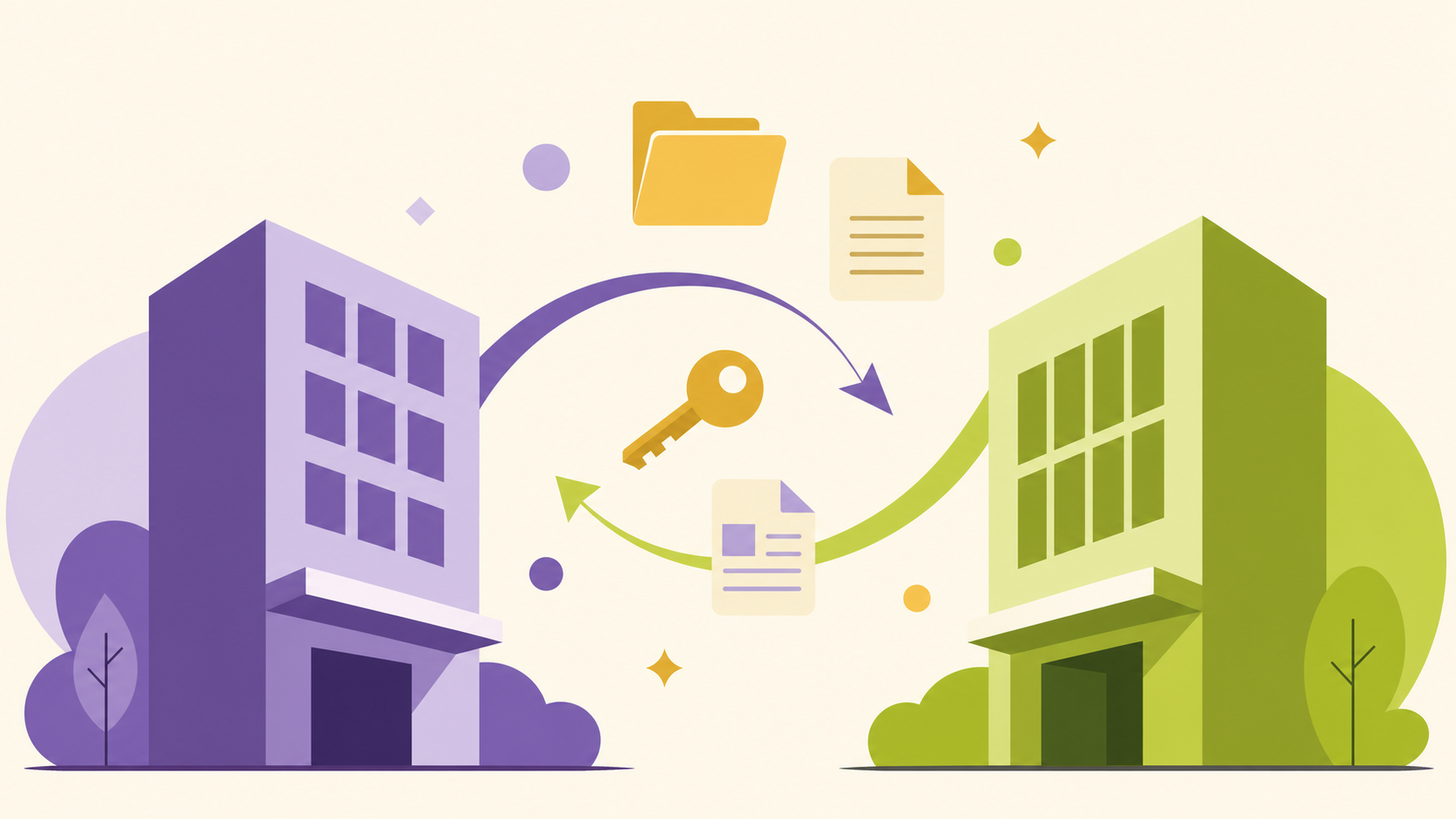 Editorial illustration of two stylised office buildings with arrows showing handover of files, keys and documents between them.