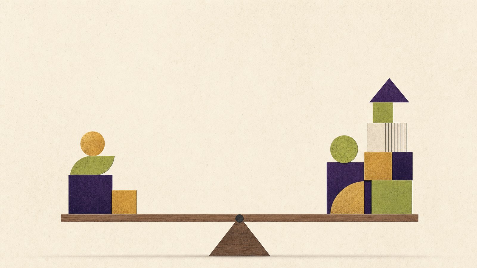 Editorial illustration of stacked blocks balanced on a seesaw, representing the trade-off between managed IT cost and value.