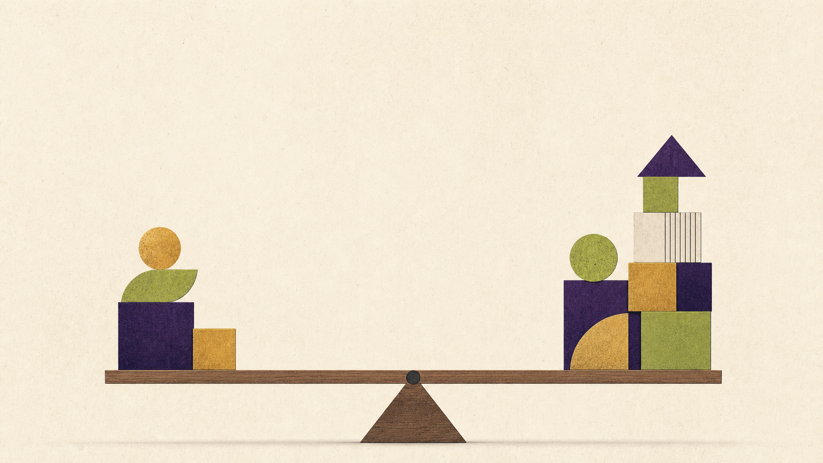 Editorial illustration of stacked blocks balanced on a seesaw, representing the trade-off between managed IT cost and value.