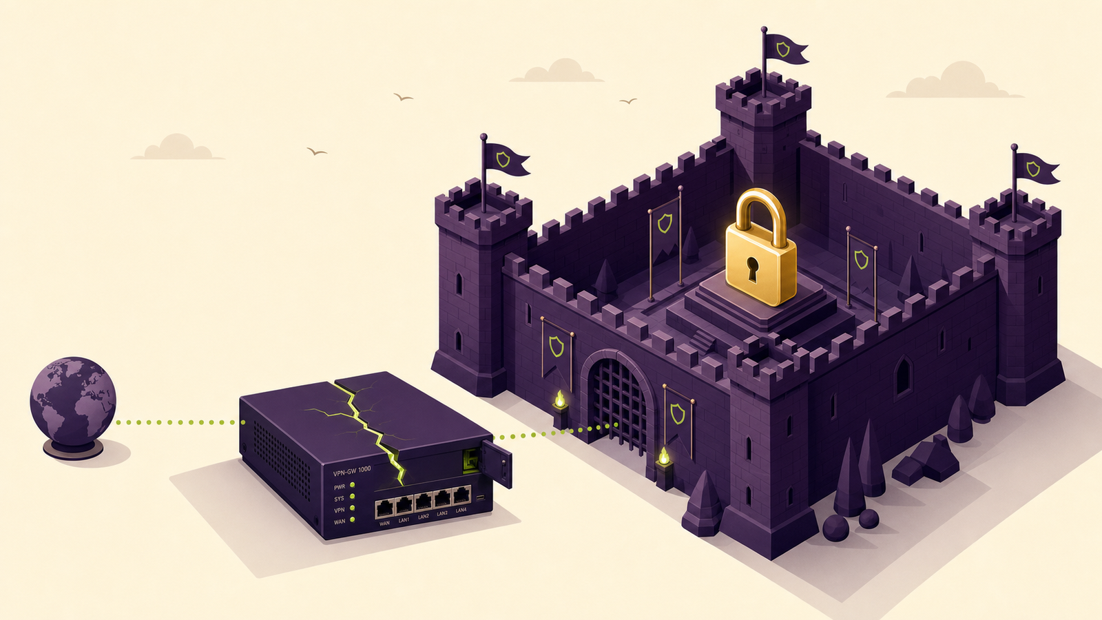 Isometric illustration of a network as a fortress: the padlock is safe inside, but the VPN/firewall box at the gate is cracked open.