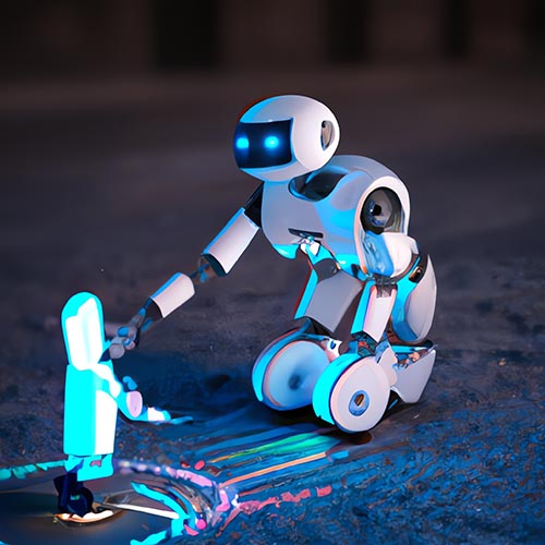 A ai robot kneeling on the floor