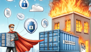 Cartoon depicting a superhero safeguarding digital data from a burning warehouse, representing Inology IT's commitment to robust data security and disaster recovery planning