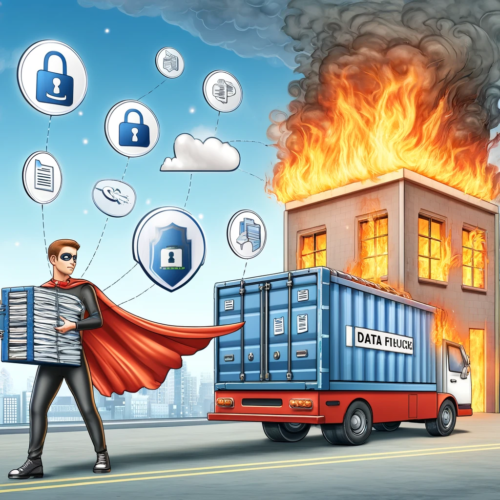 Cartoon depicting a superhero safeguarding digital data from a burning warehouse, representing Inology IT's commitment to robust data security and disaster recovery planning